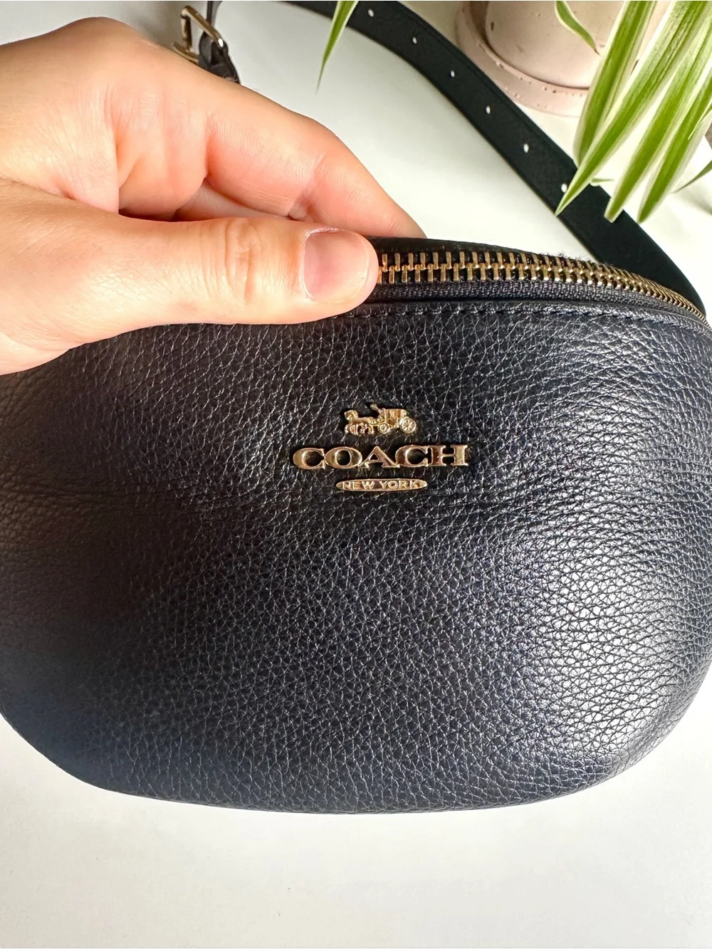 COACH Black Leather Belt Bag with Gold Hardware